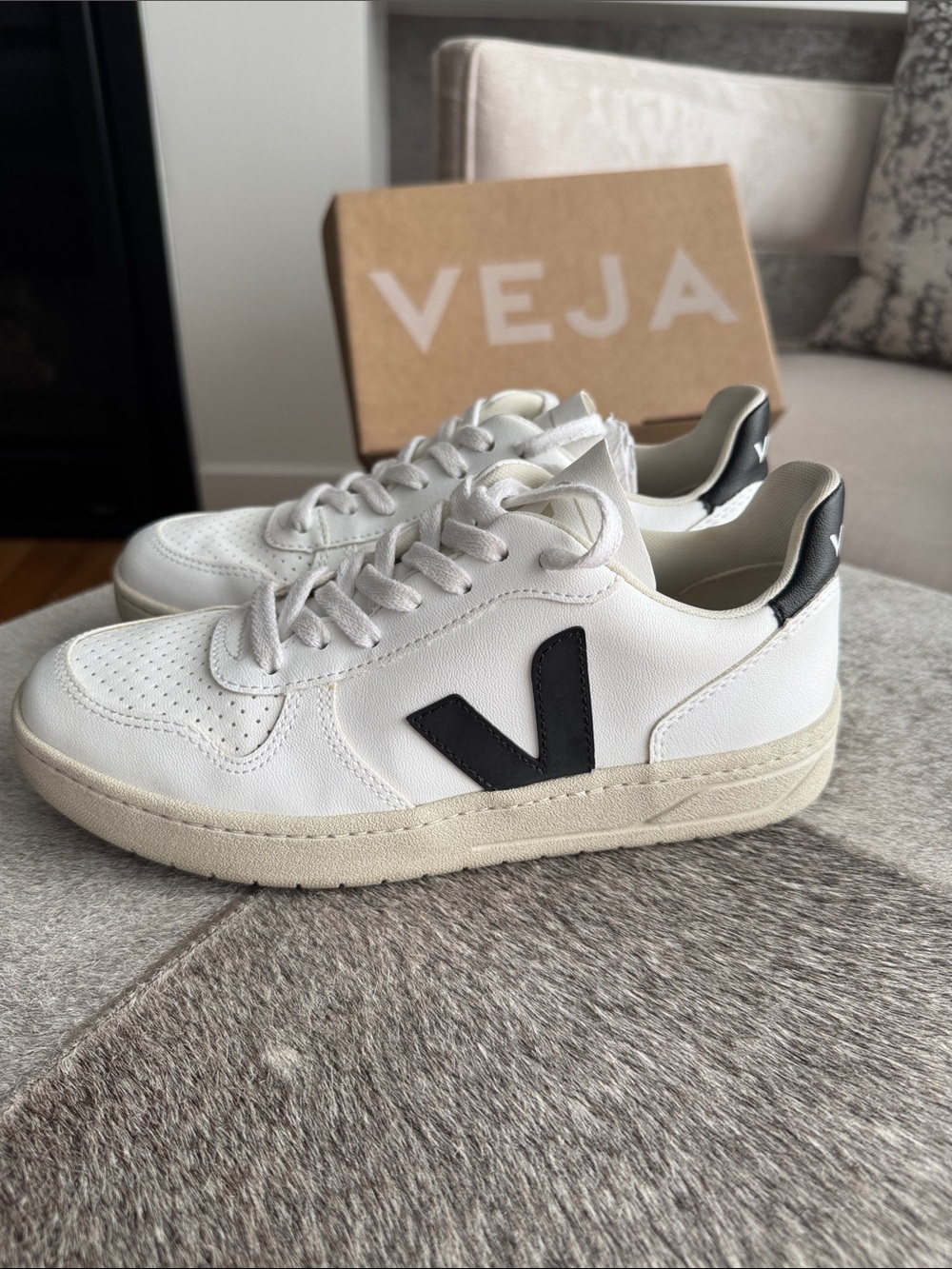 Veja White Leather Sneakers with Black V Detail